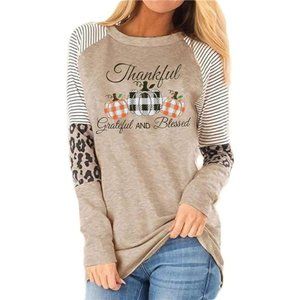 Women Thankful Blessed T Shirt Long Sleeve Thanksgiving Pumpkin Theme